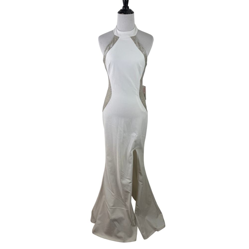 Jodi Kristopher White Sparkle Side Slit Maxi Gown Wedding Prom Dress NWT Size 5